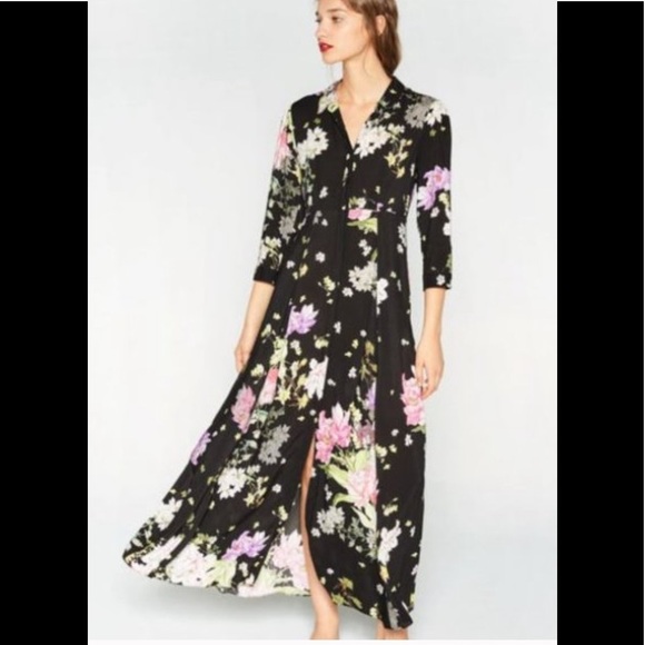 Zara Dresses & Skirts - Zara | Black Floral Print Maxi Shirt Dress Size Small